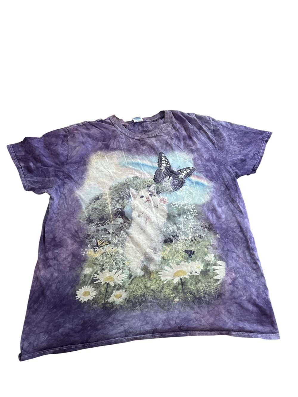 Men’s Purple Tie-Dye  Graphic Tee with Cat & Butterfly size xl